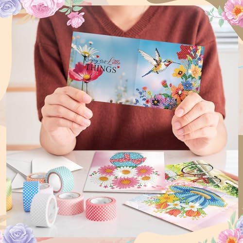 Saillong 12 Pack Flower Diamond Painting Greeting Card Kits DIY Pastel Floral Gnome Diamond Art Cards with Envelopes Flower 5d Rhinestones Paint Card for Adults DIY Craft Family Friend Birthday Gifts