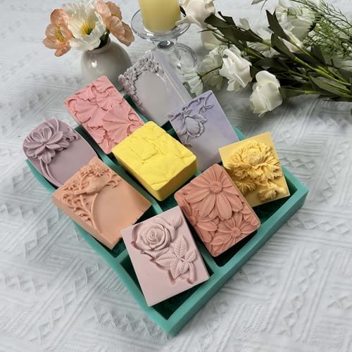 9 Cavities Mixed Flower Soap Mold, Handmade Soap Making Silicone Tray, Flower Silicone Molds for Natural Soap, Scented Candle Wax, Plaster Diffuser, Crystal Epoxy Decorations