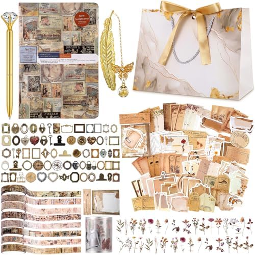 DIY Journal Diary with Lock Pack Scrapbook Kit, Brown, Retro | Stationery Diary Supplies, Scrapbook Supplies Art Crafts Kit for Birthday Holidays Ideal Gifts, Feather Bookmark Stickers