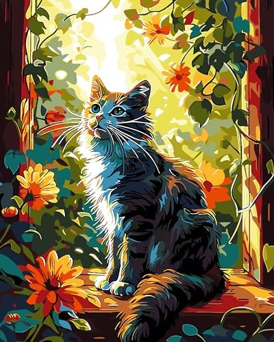 ZTOTZ Cat Paint by Numbers Kit for Adults,Animal Cat Paint by Number Kit Canvas, DIY Window Flower Paint by Numbers Easy for Living Room Decor Gift 16x20 Inch