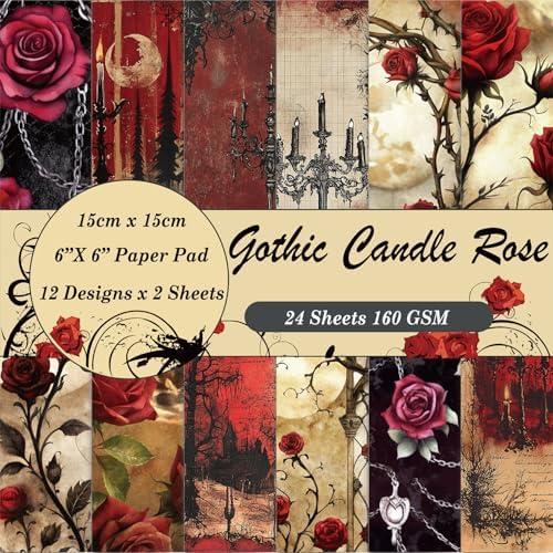 6x6" Cardstock Single Sided Scrapbooking,Craft Decorative Scrap Book Paper | 160gsm,24-Sheet 12Patterns Colored Paper,Junk Journal Supplies,Vivid Origami Papers DIY Craft Gift Wrapping Album.Candle Rose