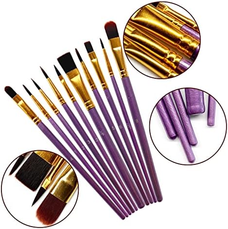 1 Pack 10 Pcs Paint Brushes, Nylon Hair Paint Brushes Set for Kids, Beginner, Suitable for Oil, Watercolor, Acrylic Paint and Body Pinting, Purple