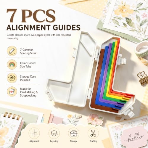 Paper Crafting Alignment Guide Set with Case,Margin Precision Layering Matting Spacers,Precision Layering & Matting Spacers,Color Coded Size Tabs for Card Making and Scrapbooking (7Pcs)