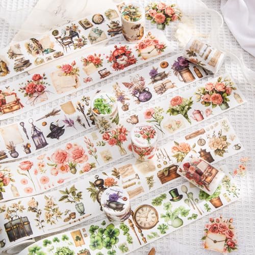 Alideco 6pcs Decorative Adhesive Tapes Vintage Botanical Flowers Washi Tape Great for Bullet Journal Supplies, Arts, Scrapbook, DIY Crafts, Planners(zhuangyuanriji)