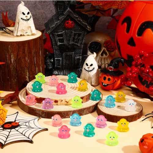 JUNEBRUSHS 50 Pcs Halloween Mini Ghost, Luminous Ghost Figurines Miniature Ornaments Glow in The Dark for DIY Crafts Party Gifts Landscape Decorations