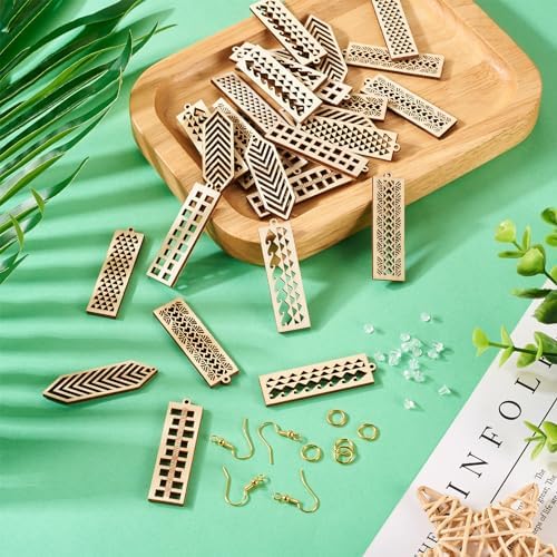 Elecrelive 30Pcs Rectangle Wooden Earring Charms Wood Filigree Charms