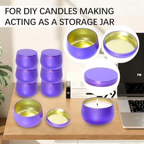 HOMAMAMOON 24 Pack 8oz Purple Candle Tins for Making Candles - Bulk Metal Candle Containers with Lids. Empty Round Candle Jars for DIY & Travel. Shatterproof & Sturdy Vessels for Small Business.