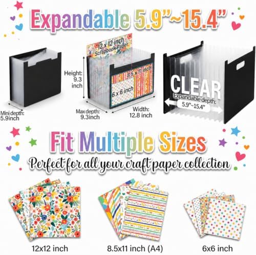 12x12 Scrapbook Paper Storage Organizer, Expandable 13 Pocket Desktop Paper Organizer Storage for Scrapbook Essentials, Large Scrapbook Storage for Photos, Washi Tape, Sticker (Black)