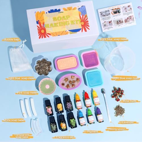 Dewiitine DIY Soap Making Kit, Soap Kit with Soap Mold Melt and Pour Soap Base Fragrances Dried Flowers Glitter Soap Colorant DIY Craft Kit for Adults Beginners