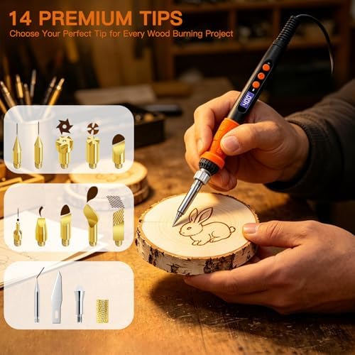 K KERNOWO Wood Burning Tool Kit for Adults & Teens | 17-Piece, Adjustable Temperature Pyrography Pen Set, 14 Premium Tips, Insulated Rubber Grip, For DIY Crafts Gift