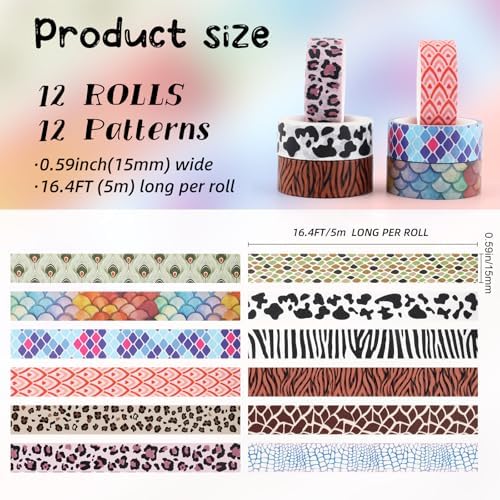 12 Rolls Leopard Animal Print Washi Tape Set,Cute Animal Pattern Decorative Tape,Cheetah Cows Zebra Peacock Decorative Masking Tapes for DIY Scrapbook Journaling Handbook Making Card Wrap Craft Gift