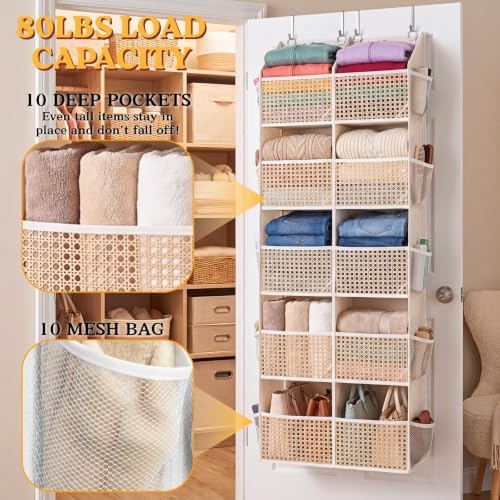Over The Door Organizer 5 Tiers, Extra Large Behind Door Storage of 10 Compartments, 80 lbs Weight Capacity Hanging Storage Organizer with Clear Window Kids Toys, Shoes,Diapers, Braided Style