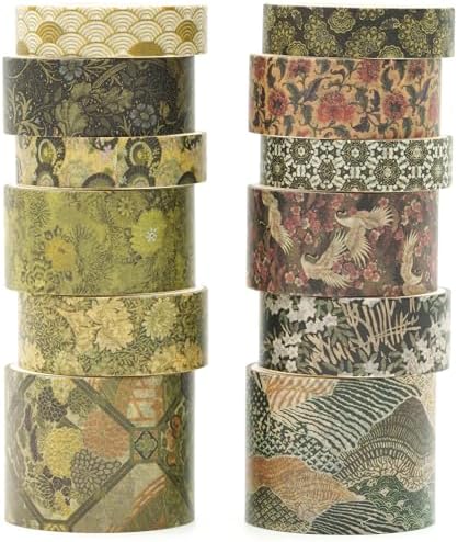 12 Rolls Kyoto Charm Washi Tape Set Japanese Arts Adhesive Tapes Geometric Garden Decorative Masking Tape Sets for Craft, Kids, Scrapbook, DIY, Gift Wrapping (Green Song)