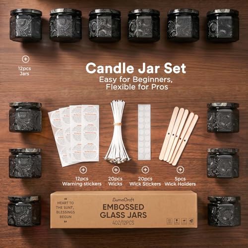 LumaCraft 12 Pack 4oz Glass Candle Jars with Lids, Hexagon Embossed Candle Making Containers, Empty Candle Jars with 20 Wicks & Labels for DIY Candle Making, Party Favors, Home Decor