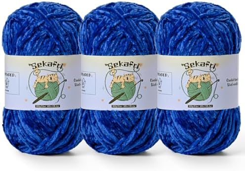 3 Pack of 300g (590yds) Fuzzy Chenille Yarn for Crocheting,Fluffy Amigurumi Crochet Yarn for DIY Craft/Hat/Clothes, Soft Velvet Baby Blanket Yarns（3 Royal Blue）