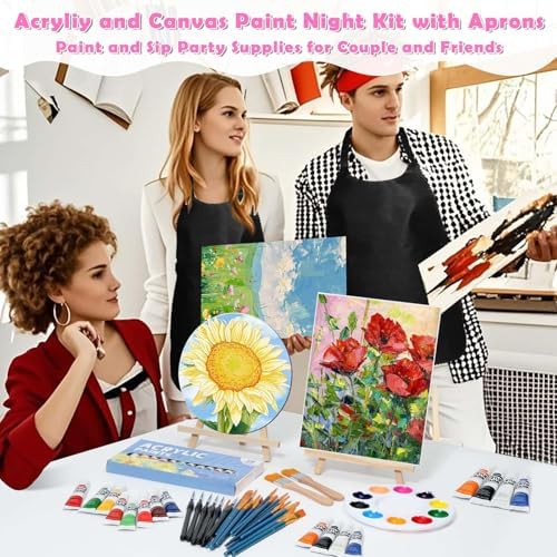 Date Night Painting Kit, 62 Pcs Detail Paint Brushes Canvas Panels with Wood Easel 12 Colors Acrylic Paint, Circular Canvas Art Aprons Sip and Paint Supplies for Adults and Beginner