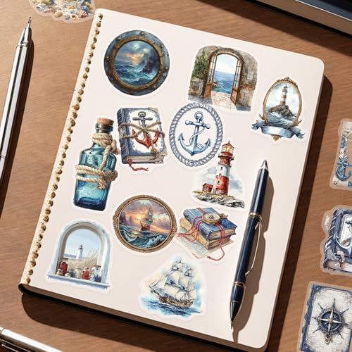 50 PCS Vintage Nautical Clear Scrapbook Stickers – Retro Ocean Sailing Decals with Anchors, Ships, Lighthouses, Helm Wheels, Maps & Marine for Journaling, Crafting, Scrapbooks, Planners & DIY Decor