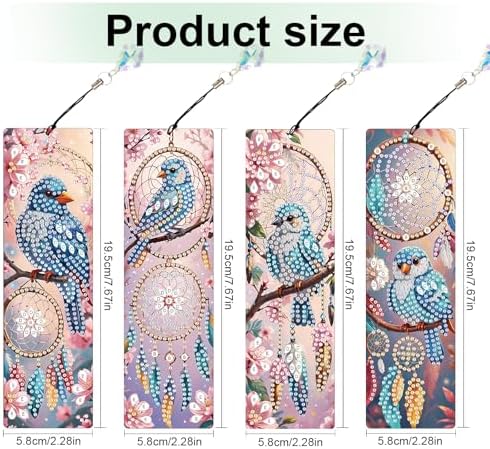 4 Pcs DIY 5D Diamond Painting Bookmark Kits for Adults, Acrylic Crystal Rhinestones Book Marks, Dreamcatcher Bluebird Diamond Art Bookmarks with Crystal Pendant, Handmade Tassel Bookmarks Gift Set