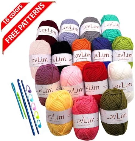Milk-Cotton Crochet Yarn Kit, 16 Skeins DK Weight, 1000+ Yards, Hooks, Needles & Safety Eyes, 40+ Free Patterns, for Amigurumi, Crocheting & Knitting - Complete Starter Kit