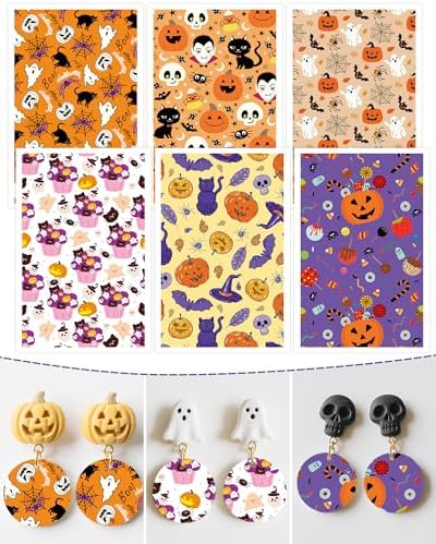 Puocaon Halloween Clay Transfer Paper - 18 Pcs Pumpkin Ghost Black Cat Wizard Art Design Transfer Sheets for Polymer Clay Halloween Themed Earrings Design Jewelry Making
