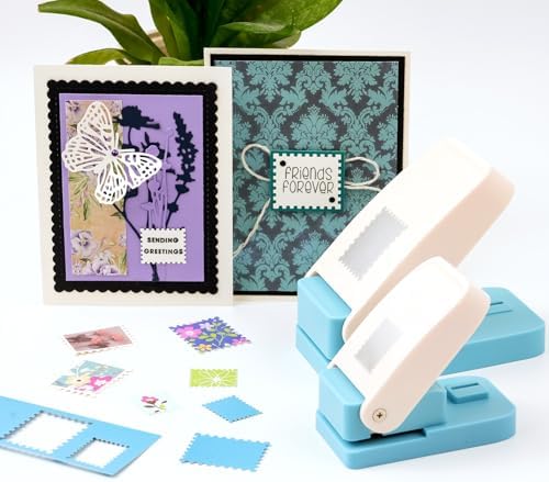 CYFUN DESIGN 4Pcs Stamp Puncher, 1.5inch/1.5x1.25inch Large Postage Stamp Punch, 1inch/1x0.8 inch Mini Square Stamps Hole Punch, Stamps Cutter Hole Punch, Paper Punches for Crafting Scrapbook Supplies
