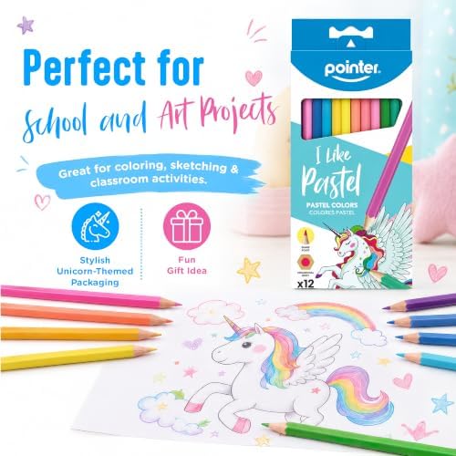 Pointer I Like Pastel Colored Pencils – 12 Count, Pre-Sharpened, Hexagonal Body, Soft Pastel Shades, School & Art Supplies