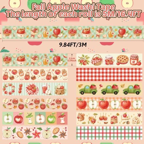 12 Rolls Autumn Thanksgiving Apple Washi Tape for Gift Wrapping