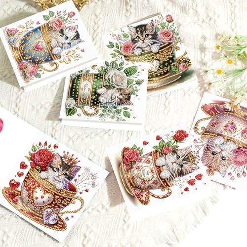 antor 6 Pack DIY Cat in Teacup Diamond Painting Greeting Cards with Envelopes – Cute Animal Rhinestone Art Craft Kit, Handmade Crystal Card Set, Diamond Art Kits for Adults