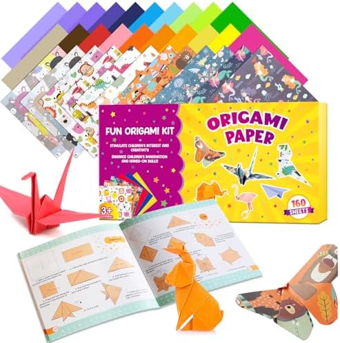 Pigipigi Kids 160 Pcs Origami Paper Kit,Arts and Crafts for Kids Ages 5-12 | Beginners Origami Kit,Step-by-Step Guiding Book, DIY Craft Birthday Gift for Boys Girls ages 5-12
