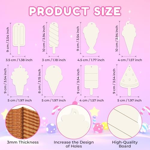 40Pcs Ice Cream Unfinished Wooden 8 Style Cutouts Ornaments DIY Craft Paintable Blank Cutouts Hanging Wood Slices for Summer Birthday Pool Party Decor Supplies