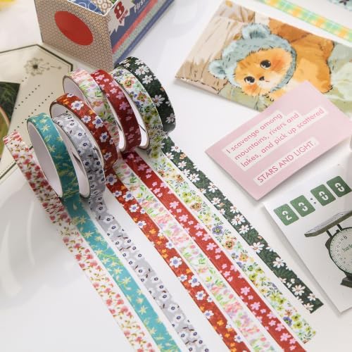 YUBBAEX 8 Rolls Basic Washi Tape Set Cute Pattern Masking Decorative Tapes for Arts, DIY Crafts, Journals, Planners, Scrapbooking, Wrapping (Deep Floral)