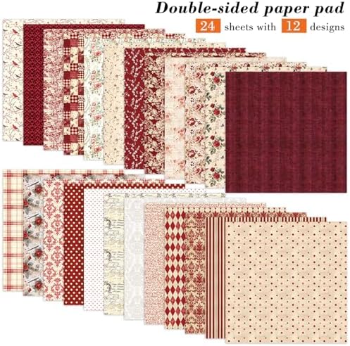 24 Sheets Red Aesthetic Scrapbooking Paper Pad - 6In x 6In Double Sided Flowers Patterns for Photos Album Journals Supplies Decorative Collage Origami DIY Crafts Gifts Wrapping