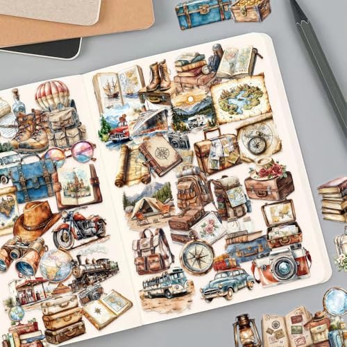 50PCS Vintage Travel Adventure Clear Scrapbook Stickers – Retro Outdoor Expedition Aesthetic, Waterproof Decorative Antique Decals for Journaling, Luggage, Laptop, Art Ablum Supplies