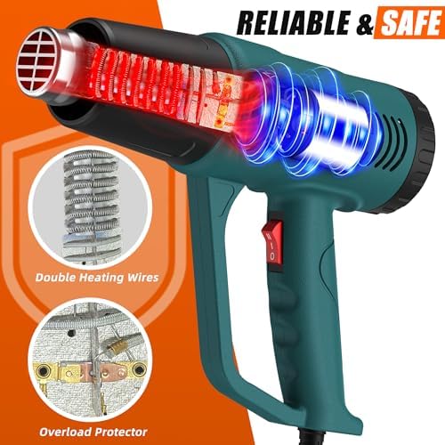 Digital Heat Gun with LCD Display, 100°C-650°C Adjustable Temperature Control, Hot Air Gun Power Tool with 10FT Long Cord & 4 Nozzles for Stripping Paint, Shrink Wrap, PVC, Epoxy Resin