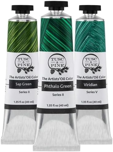 Tusc & Pine Artist Oil Paint - Greens, Set of 3 40 ml, Non-Yellowing, Rich & Creamy Consistency, Maximum Pigment Load, Small Batch Milled Oil Paints Made in the USA for Professional Artists