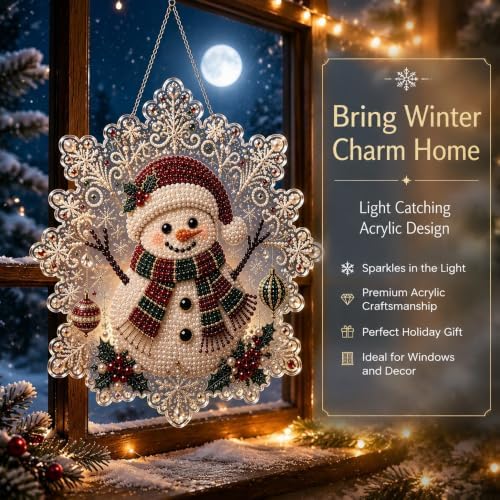Cheerdox Christmas Pearl Diamond Arts Suncatcher DIY Kit, 5D Diamond Pearl Art Painting Acrylic Round Board with Lace Edge, Christmas Diamond Art Beads Craft Kit for Holiday (Style G)