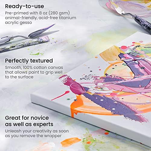 ARTEZA Stretched Canvas, 5 x 7, 8 x 10, 11 x 14, 12 x 16, 16 x 20 Inches, Multipack of 10, Blank White Canvas for Acrylic, Oil and Gouache Painting | Stretched Cotton Surface, Pinewood Bars, 8 oz Acid-Free Acrylic Gesso, For Oil, Watercolor, Acrylic, T...