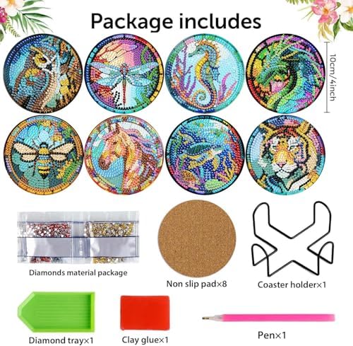 8 Pcs Diamond Art Coaster Kit for Adult with Holder, Diamond Coasters 4x4in