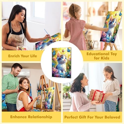 Bowetile Framed Paint by Numbers Cat for Adults Beginners, Adults' Paint-by-Number Cat Kits, Easy Adult Paint by Number Kits on Canvas, Acrylic Animals Number Painting for Home Decor, 8x12in