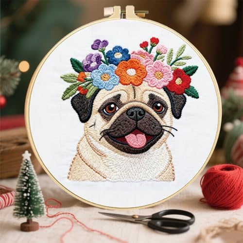 FREEBLOSS 4 Set Embroidery Kit Dog and Flower Stamped Embroidery Starter Kit with Step By Step Instructions, Colored Threads, 2 Hoops, Needlepoint Kits for Hand Craft Lovers Gift, 30cm/11.8inch