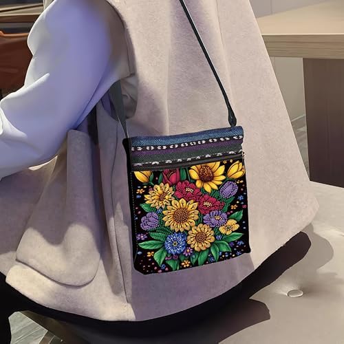 Diamond Painting Crossbody Bag - DIY Diamond Art Kits for Adults, PU Leather Shoulder Bag with Zipper, Flower Pattern Art Bag for Women