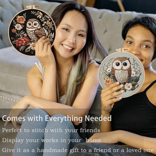FONNUY Embroidery Kit for Beginners, Owl Flowers Pre-Stamped Pattern Kits for Adults with Hoop, Easy to Follow Color Thread Needlework, 8'' Hoop (Black)