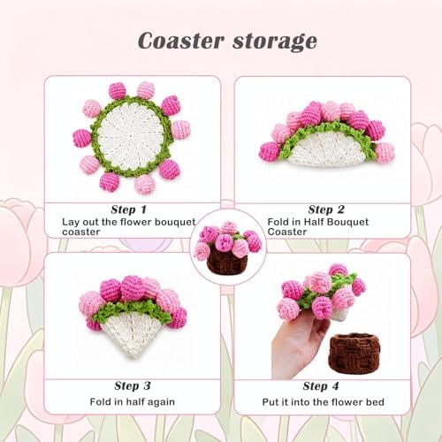 Yarniss Beginners Crochet Kit, Tulip Flower Coaster Set w/Video Guide