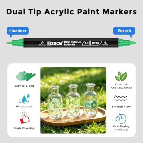 ZSCM 12 Green Acrylic Paint Markers, Dual Fine & Brush Tip Acrylic Pens