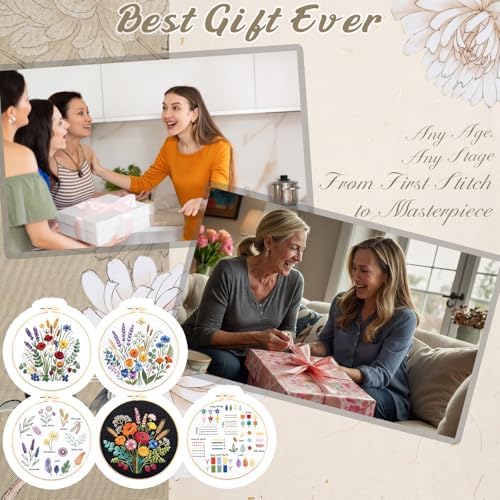 Yinder 5 Set Needlepoint Kits for Beginners Hoops Patterns,Flowers