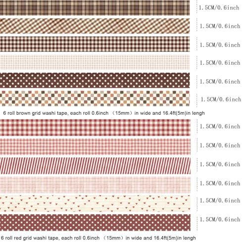 12 Rolls Vintage Plaid Washi Tape Set, Brown and Red15mm Wide