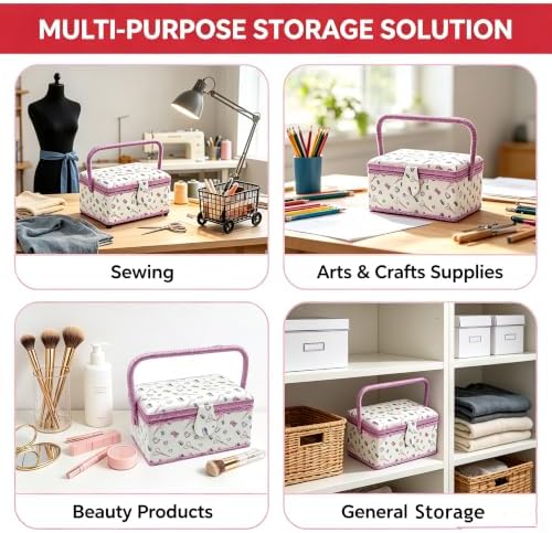 Sewing Box with Accessories Set, Fabric Floral Craft Storage Organizer Basket for Women & Girls, Portable Sewing Kit for Beginner, Travel, Mending, Embroidery Supplies