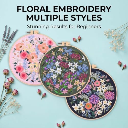 Harimau Beginner Adult Embroidery Kit, All-in-One Starter Pack with 3 Patterns, 3 Hoops, Scissors, Needles, Instruction Manual & Stitching Video Guides