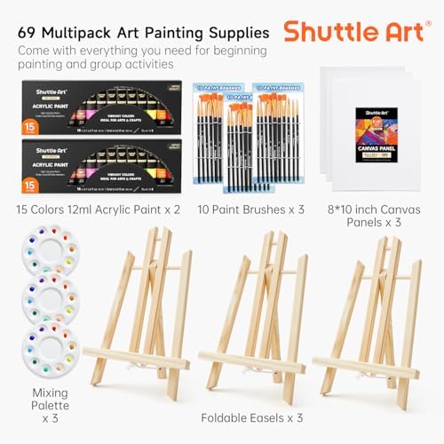 Shuttle Art 69 Pack Painting Kit for Adults and Couples, Sip and Paint for Date Night & Crafts, with 2 Packs 15-Color Acrylic Paint, 3 Wooden Easels, Canvas, Brushes & Palettes