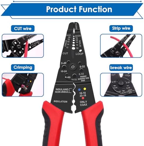 smseace Red Wire Crimping tool Wire crimper,stripper and cutter for insulated/Bare/Heat Shrink connectors(22-10 AWG) Multifunctional Cable Stripper and Crimping tool